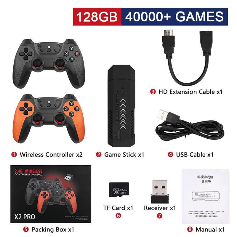 【Upgraded Version 40000+ Retro Game】X2 PRO Retro Game Stick, Pre-Loaded with 40,000+ Classic Games, 40+ Simulators, 4K HDMI HD Output, Dual 2.4G Wireless Controllers, Plug & Play Adapter Cable Console Gamepad